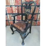 A set of six 19thC William and Mary style ebonised and chinoiserie decorated dining chairs with