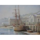 A Markham: Oil on canvas of a sailing ship at dock (39cm x 49cm)