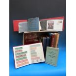 A box of assorted stamp albums, stockbooks, used Royal Wedding Album pages, postcards, P.H.Q.