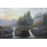 Joseph Barnes (British 1835-1915): Oil on canvas of a mountain stream, waterfalls, pine trees,