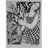 Anita Klein: signed limited edition 11/150 etching of a girl in a summer dress with a hose pipe