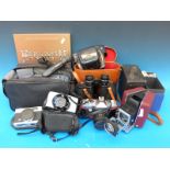 A quantity of cameras to include Samsung video recorder, Canon, Konica, Houghton-Butcher box camera,