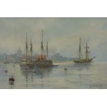 Frederick William Scarborough (1860 - 1939): Watercolour of ships off the coast with church and