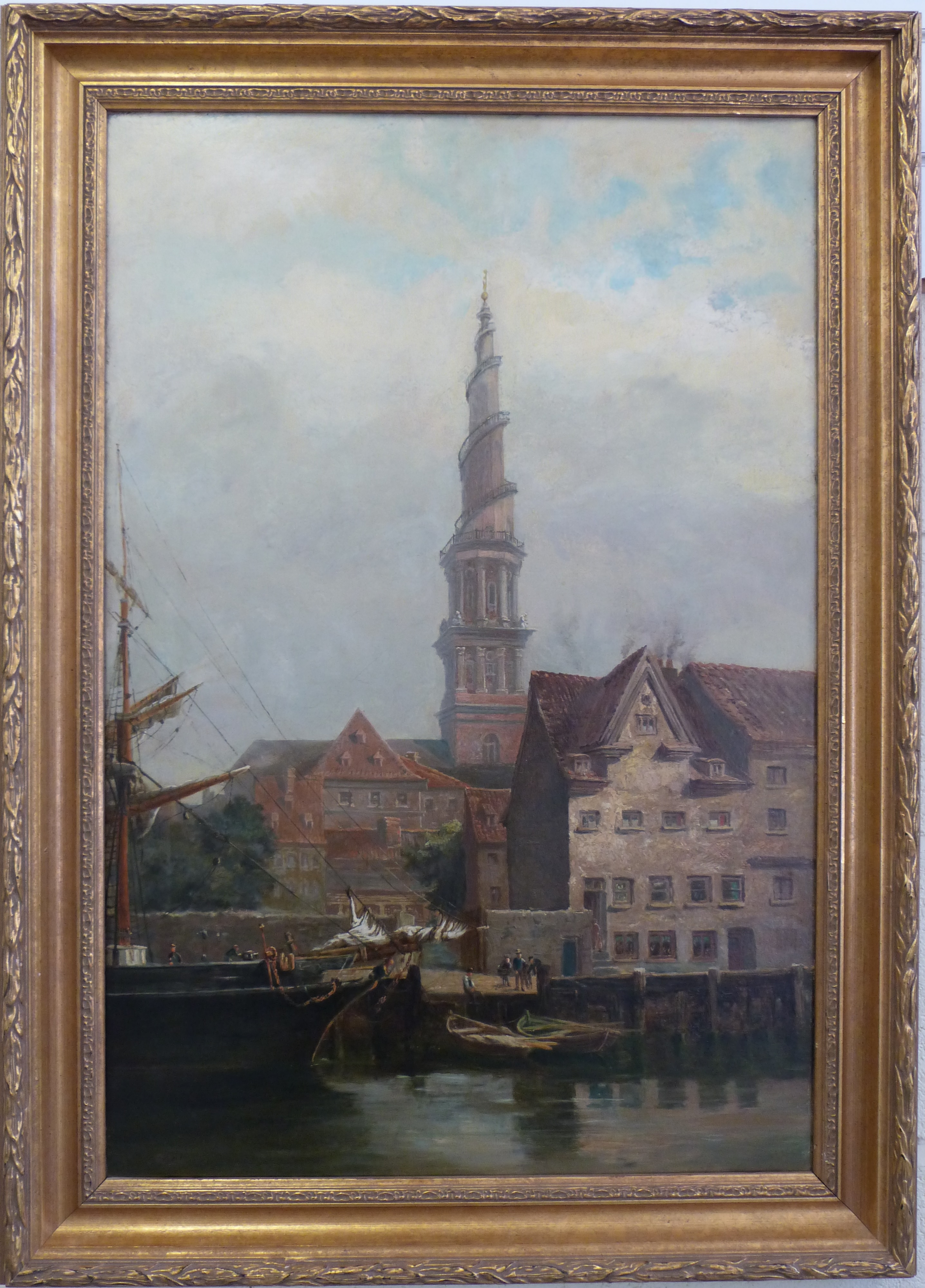 Framed 19thC school oil on canvas of a quayside scene, possibly Dutch, signature indistinct. - Image 2 of 3