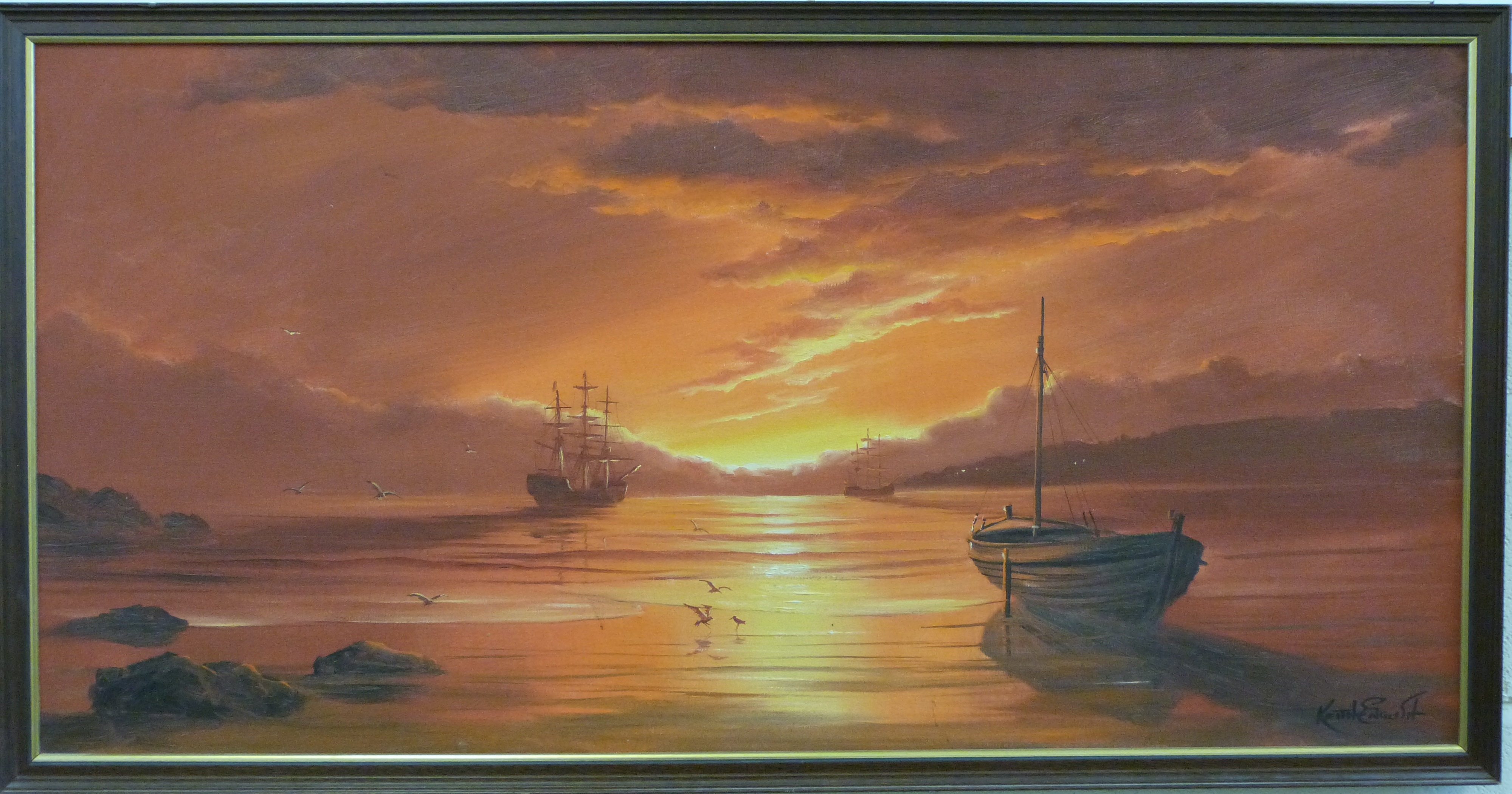 Keith English: Oil on canvas of ships at anchor in a red sunset seascape (50cm x 101cm) - Image 2 of 3