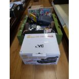 A boxed JVC Super VHS video movie camera, further vintage movie cameras, projector,