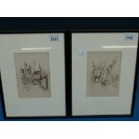 Two pen and ink drawings of street scenes both monogrammed TC and dated 1922 and 1923