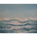 Keith English: Oil on canvas of waves with gulls above (58cm x 73cm) together with an unframed