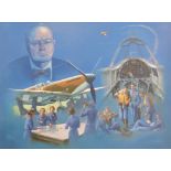 Keith English: Oil on canvas WWII montage including Spitfire, Churchill,