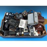 A collection of vintage cameras including Rajar No. 6, Voigtlander, Zeiss Ikon, accessories etc.