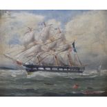 An oil on board of a French three masted sailing ship,