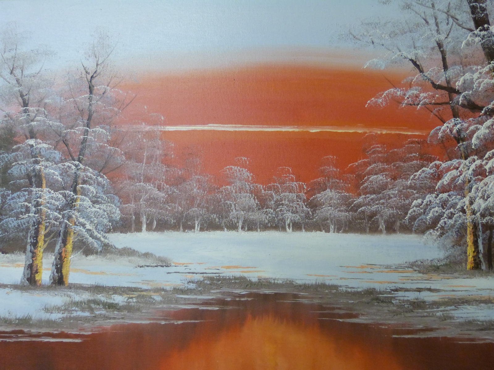 F Whitman: Oil on canvas of snowy lake scene (60 x 120cm)