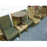 Four wicker armchairs together with a bamboo table and three wicker chairs