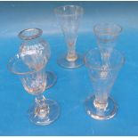 Five 18th/19thC drinking glasses including an ale glass with wrythen moulded detail and foldover