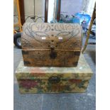 A domed leather studded trunk with iron fittings together with another box,