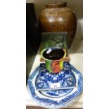 A large studio pottery vase, a stoneware tile, a Victorian blue and white Wedgwood tile,