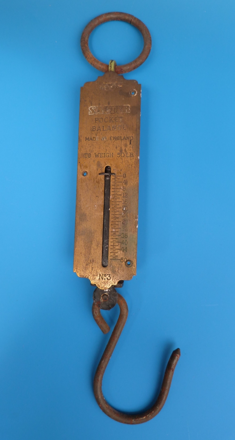 A steel cased fisherman's thermometer together with three sets of hanging scales,