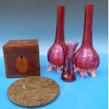 A pair of cranberry glass vases, Georgian tea caddy and a plaque 'Crete May 41,