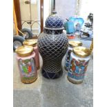 A blue and white metal encased jar together with two pairs of painted and gilt glass jars,