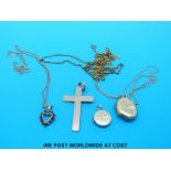 Two  yellow metal chains, a 9ct gold locket, 9ct gold crucifix,