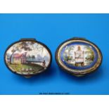 Two George III enamel patch boxes with hinged lids and decoration of a house by a river and an