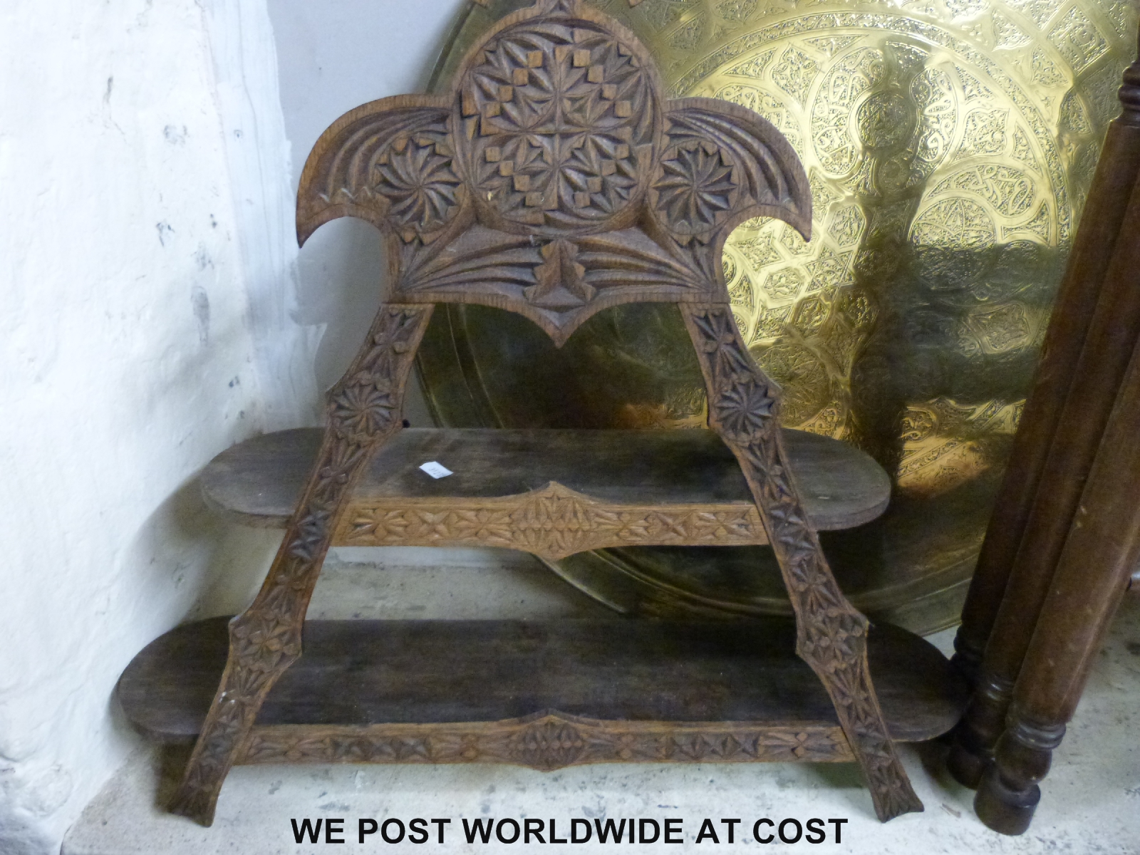 A brass inlaid table together with a confessional / ecclesiastical and pyramid shelf unit - Image 2 of 5