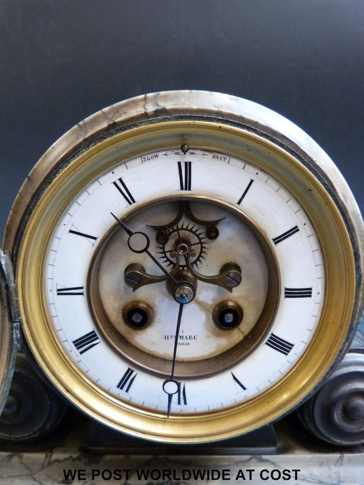 A marble mantel clock with two train movement and visible Brocot escapement marked 'Hry Marc Paris' - Image 2 of 2