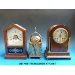 Three mantel clocks, one with two train movement and brass pillars to case,