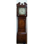 An early 19thC oak-cased longcase clock with a painted dial and village scenes by Heywood of