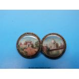 Two hat pin tops, each inset with painted Indian miniatures on ivory in a marcasite border,