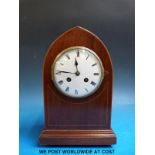 A 19thC mahogany mitre cased with fine inlay mantel clock with two-train movement by Samuel Marti