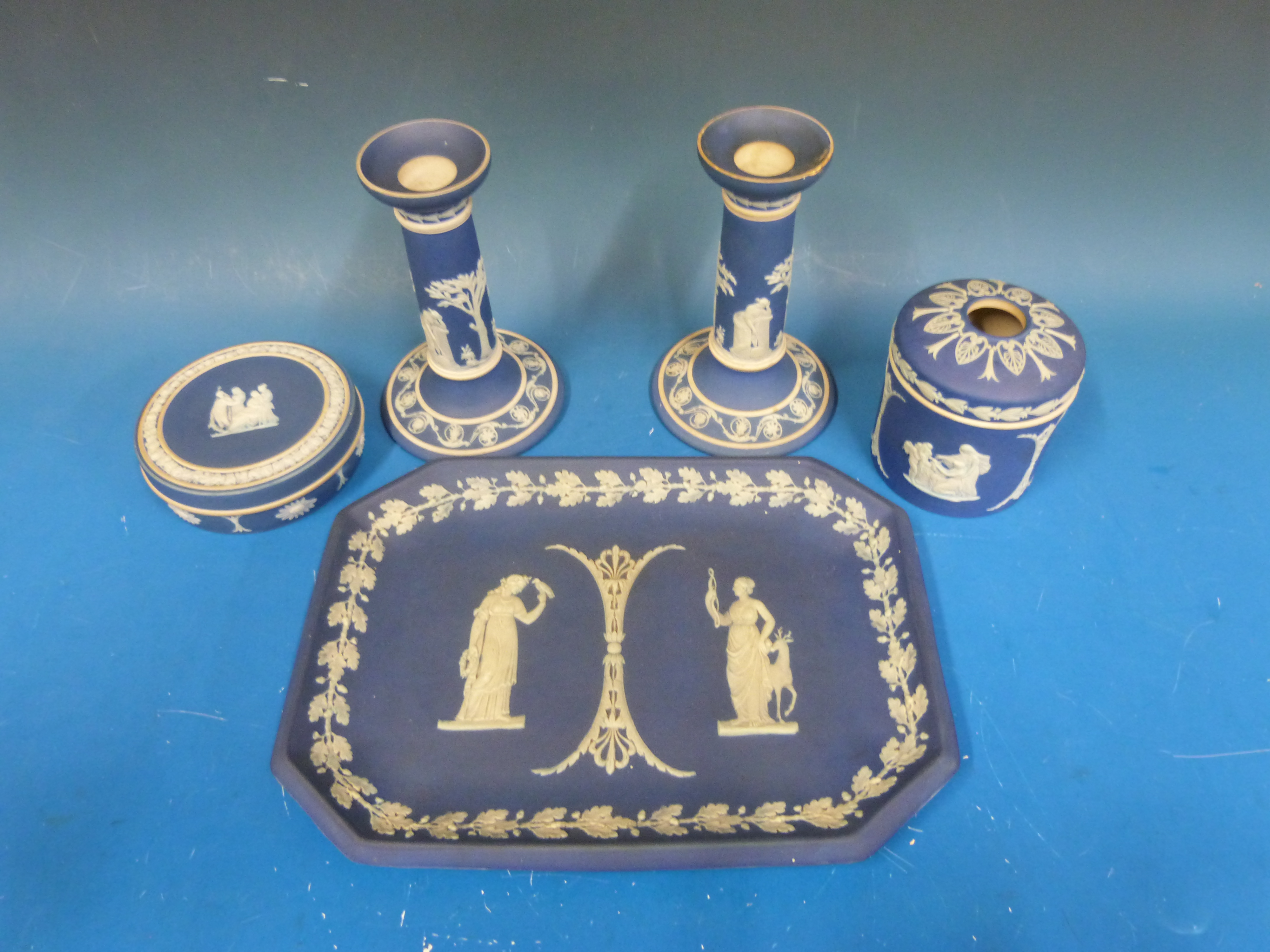 A collection of navy blue Wedgwood Jasperware including a tray, candlesticks, - Image 2 of 2