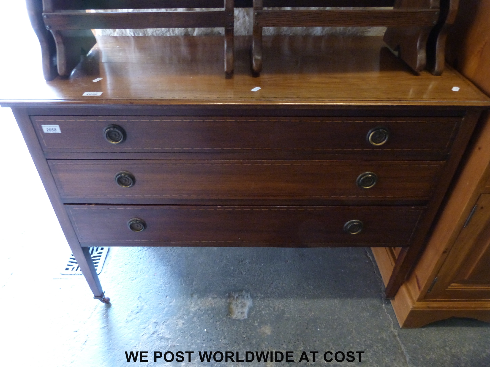 A late 19thC mahogany chest of three drawers (h77cm x w110cm x d46cm)