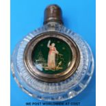 A Georgian circular glass scent bottle with hand decorated enamel centrepiece of a priest at pulpit