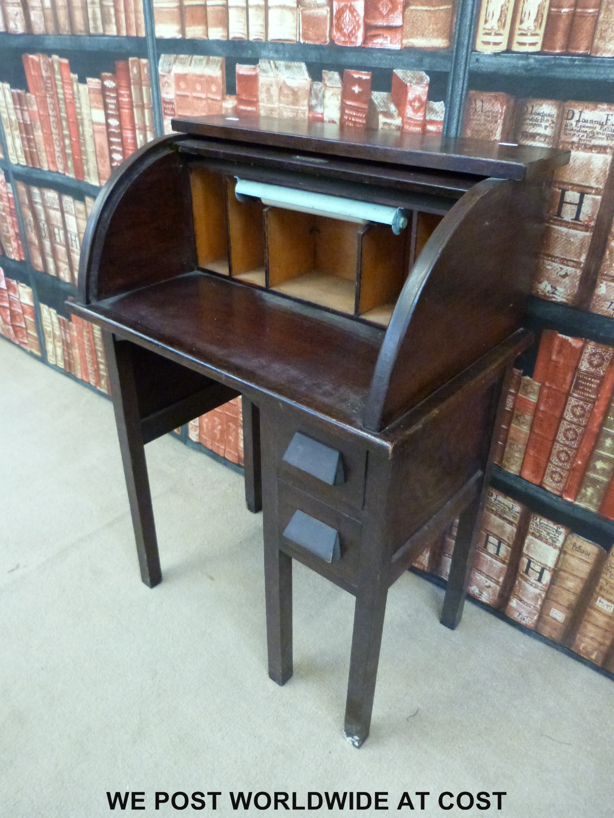 An oak roll top desk of unusually small proportions (h88cm x w60cm x d38cm) - Image 2 of 3