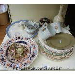 A Masons Chelsea pattern cake plate with central knop handle, further Masons and ironstone,