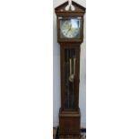 An oak effect longcase clock with brass weights and silvered dial (height 190cm)