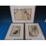 A set of four framed Japanese woodblock prints of birds,