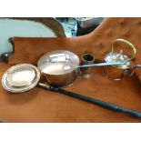 A collection of copper ware to include large pan, bed warmer,