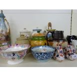 Various china items to include earthenware jars, a polychrome bowl and a blue and white bowl,