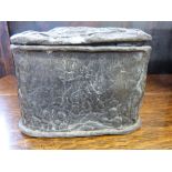 A lead tobacco jar with impressed battles to the sides and lid including Balaklava, Inkerman,
