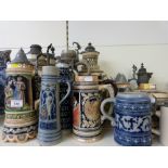 A collection of large Bavarian Mettlach style steins, early to mid 19thC,