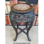 A Chinese marble inset carved padauk table / jardiniere stand (44cm tall,
