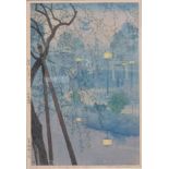 Shiro Kasamatsu (1898 - 1991) signed woodblock 'Misty Evening at Shinobazu Pond,