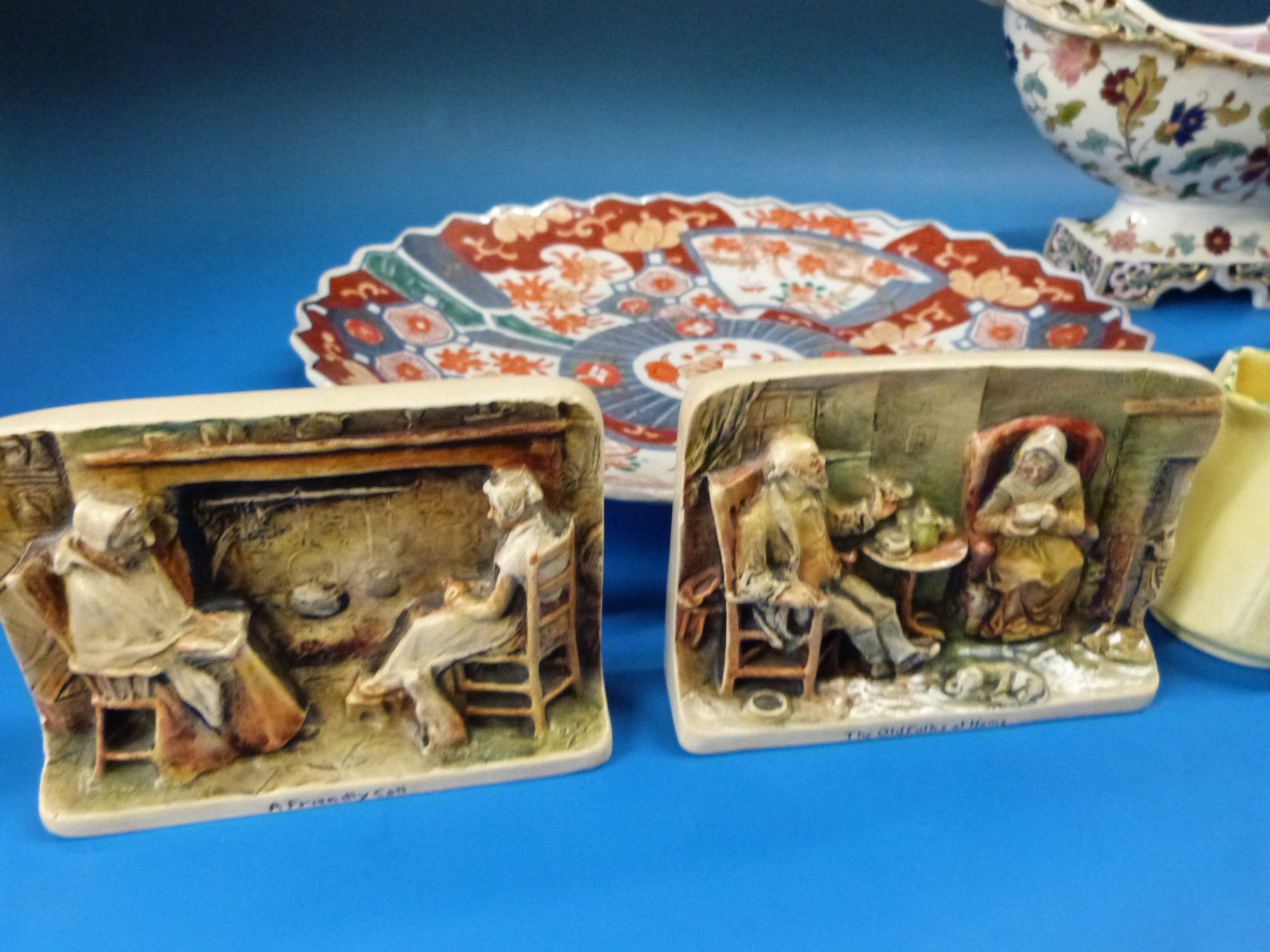 A pair of pierced oval jardinieres, probably by Zsolnay Pecs together with a Japanese Imari dish, - Image 3 of 4