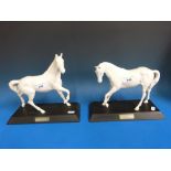 Two Beswick matt white horses on black wooden plinths,