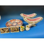 A pair of pierced oval jardinieres, probably by Zsolnay Pecs together with a Japanese Imari dish,