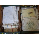 Two trays of textiles including Irish linen, embroidered items, bedspreads, tray cloths,