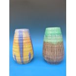 Two vases, one green and brown with trailing decoration,