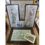 Four framed crewel works including a pair of part-painted ladies "Echo" and "Flora",